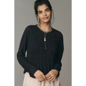 Anthropologie Pilcro Long-Sleeve Smocked Blouse Top Black Cotton XL New 285390